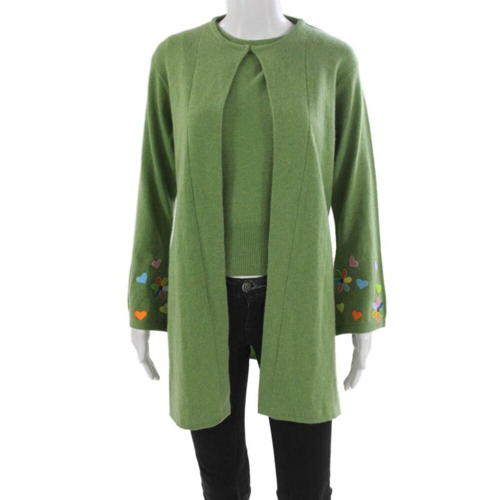 Carolyn Rowan Womens Cashmere Cardigan Green Hearts Long Sleeve Size L